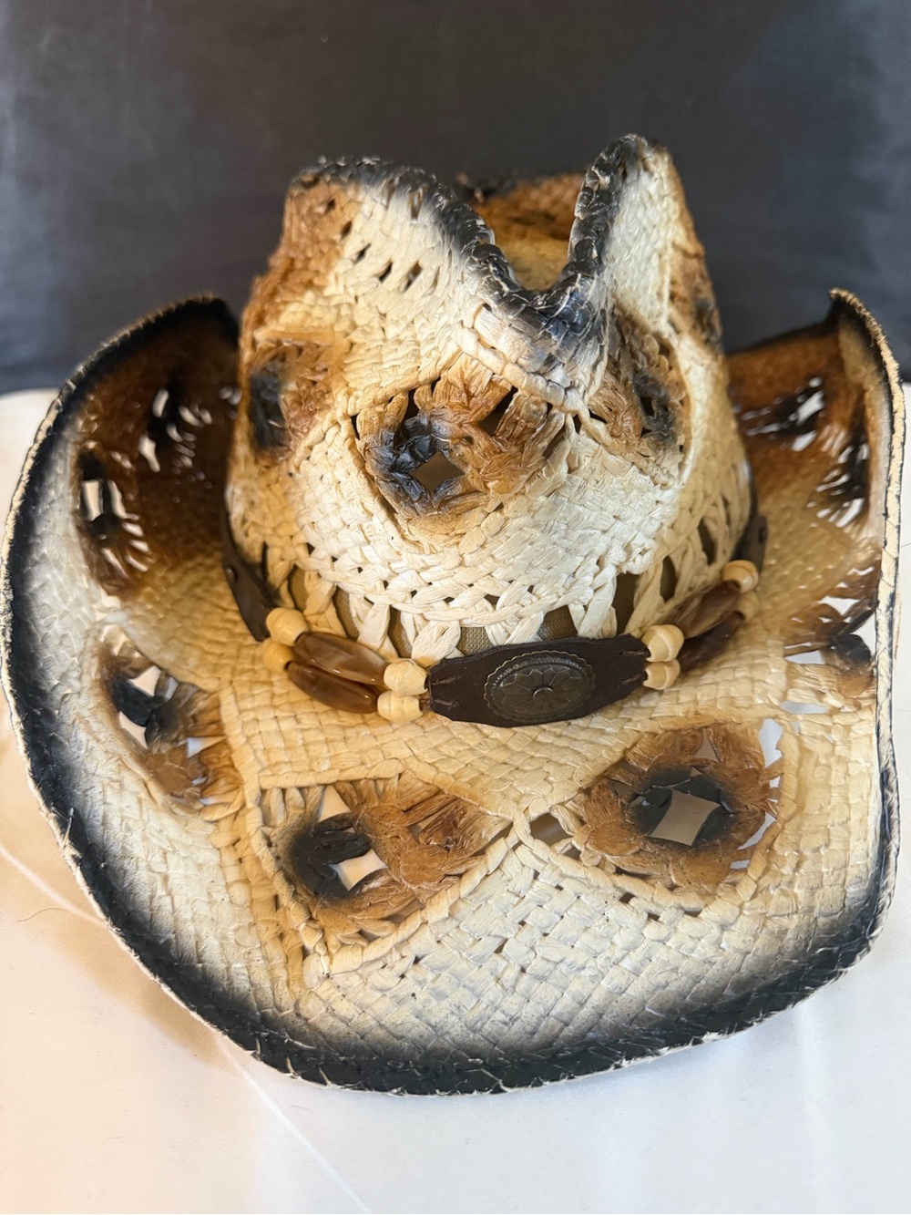 Mocksman Burnt Straw Western/Boho Hat w/Beaded Leather Concho Band Size S/M